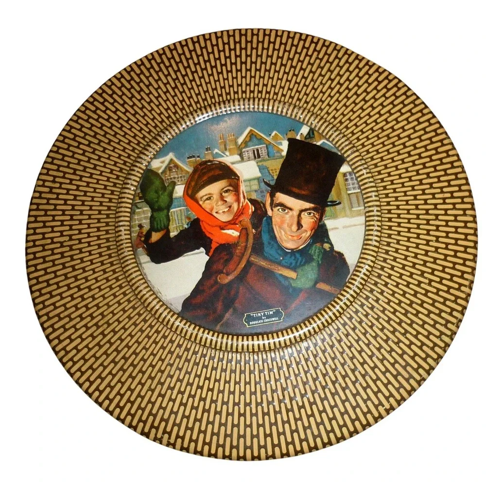 Vintage Tiny Tim Douglass Crockwell Christmas Tin Round 8‎ Inch Holiday Decor